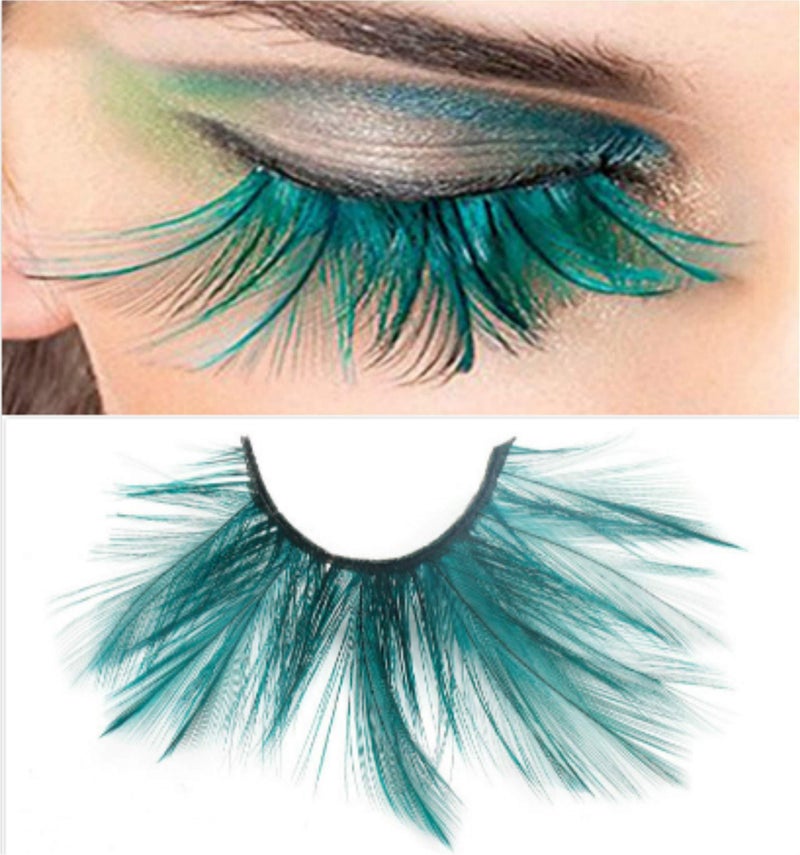 Dorisue Halloween eyelashes Double Lip Black with Green Big Extra Long Feather eyelashes Extra extension Halloween Green Feather Tip False Eyelashes Dance Halloween Costume - Image 1